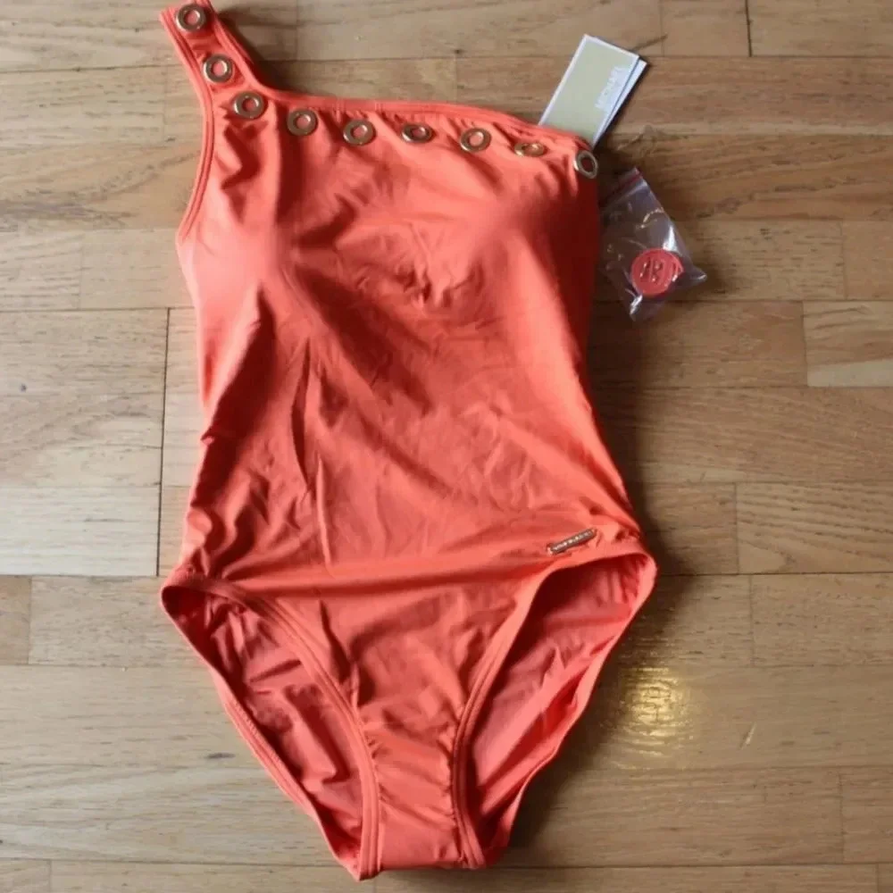 Michael Kors orange women's Grommet One-Shoulder One-Piece Swimsuit size 12